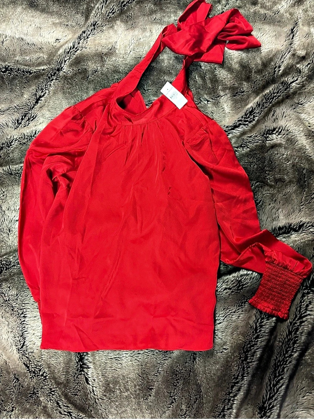 Ann Taylor Smocked Cuff Bow Blouse Red Medium